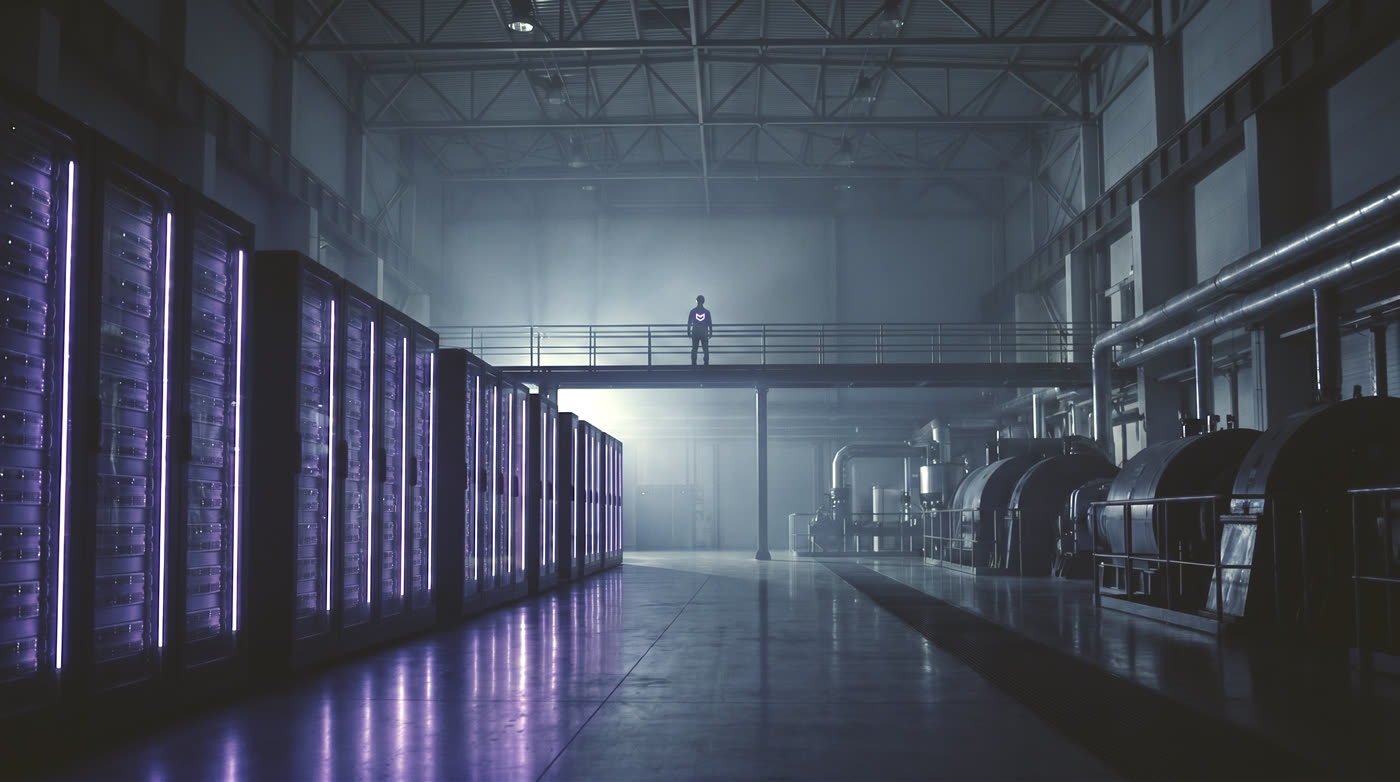 A security operator on a catwalk overlooking a data-center floor, the Coverden emblem on his chest.