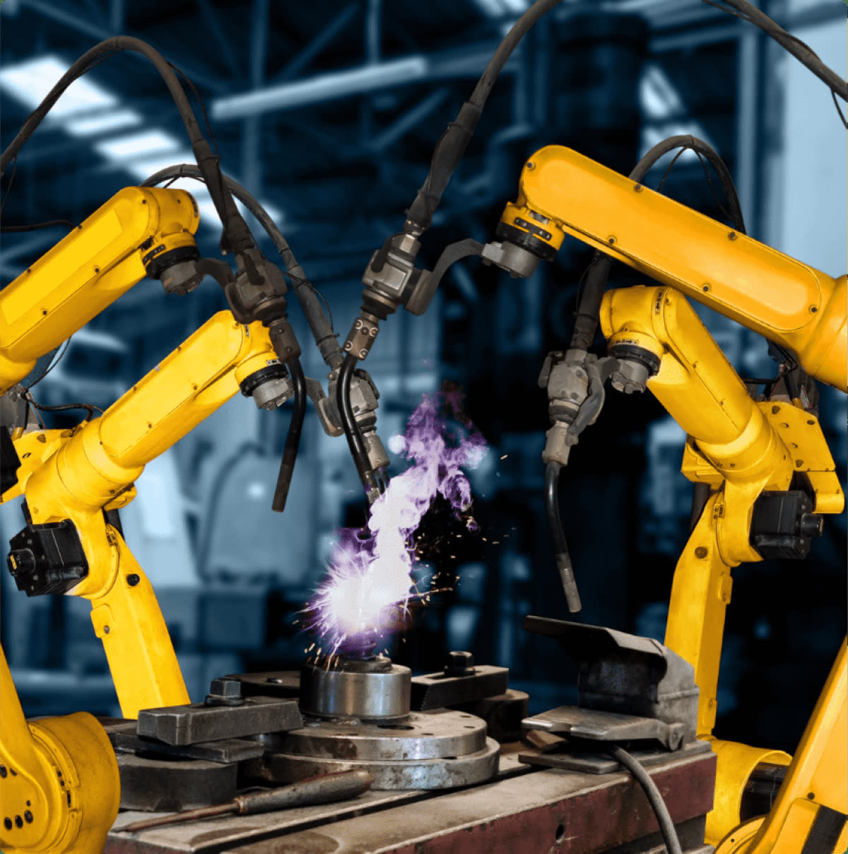 Robotic welding arms at work on an industrial floor, mid-build.